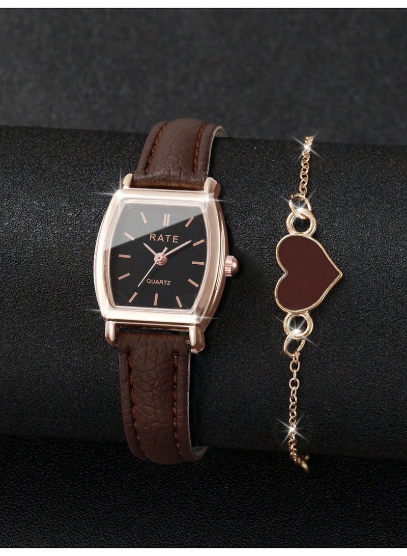 طقم ساعة نسائية أنيقة مع إسوارة بتصميم أنثوي كلاسيكي - Image 1